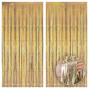 katchon, champagne gold fringe curtain backdrop - large, 6.4x8 feet, pack of 2 | iridescent gold backdrop curtain, gold streamers party decorations | gold curtain, new years eve party supplies 2024