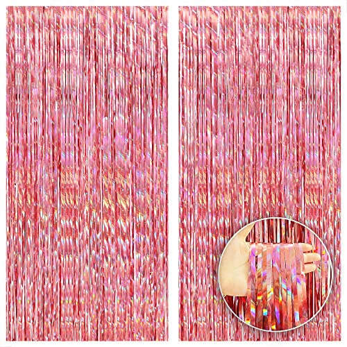 KatchOn, Holographic Rose Gold Fringe Curtain - Large, 6.4x8 Feet, Pack of 2 | Holographic Rose Gold Backdrop for Bachelorette Party Decorations | Rose Gold Streamers for Girls Night Decorations