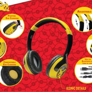 eKids Pokemon Pikachu Kids Bluetooth Headphones, Wireless Headphones with Microphone Includes Aux Cord, Volume Reduced Kids Foldable Headphones for School, Home, or Travel, Yellow