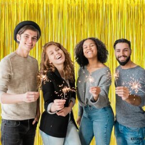 KatchOn, Holographic Gold Fringe Curtain Backdrop - XtraLarge, 6.4x8 Feet Pack of 2 | Holographic Gold Foil Curtain, Gold Streamers Party Decorations | Gold Backdrop, New Years Eve Party Supplies 2024