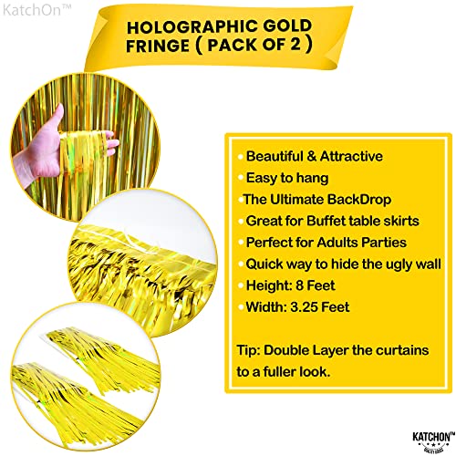 KatchOn, Holographic Gold Fringe Curtain Backdrop - XtraLarge, 6.4x8 Feet Pack of 2 | Holographic Gold Foil Curtain, Gold Streamers Party Decorations | Gold Backdrop, New Years Eve Party Supplies 2024
