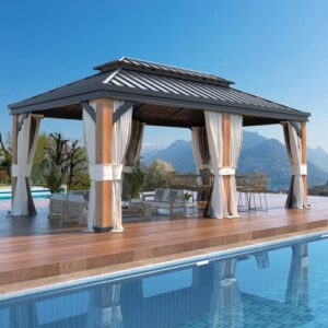 yoleny 12' x 20' ultra-thick columns and beams hardtop gazebo with faux wood grain aluminum frame, vertical stripe galvanized steel double roof, outdoor patio gazebo pergolas with netting and curtains