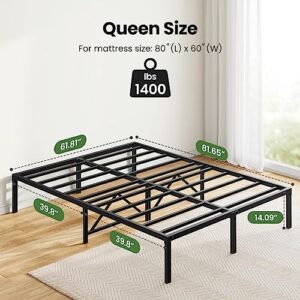 Marsail Bed Frame Queen Size, 14 Inch Metal Platform Bed with Enhanced Support Structure & Enclosing Edges, Metal Bed with Large Storage Space, 1400 lbs Max Weight, No Box Spring Needed, MSBFQ01