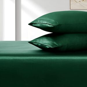 VACVELT 3pcs Extra Deep Pocket Satin Fitted Sheet Set Queen Bed Set, Blackish Green Bottom Sheet Fit 18-24 Inch Deep Pocket Mattress, Silky Bedding Set Soft & Ultra Deep Fitted Sheet & 2 Pillowcase