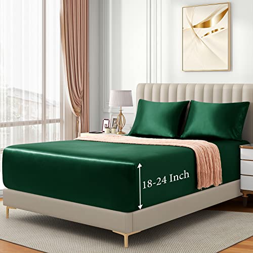 VACVELT 3pcs Extra Deep Pocket Satin Fitted Sheet Set Queen Bed Set, Blackish Green Bottom Sheet Fit 18-24 Inch Deep Pocket Mattress, Silky Bedding Set Soft & Ultra Deep Fitted Sheet & 2 Pillowcase