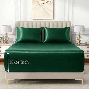 VACVELT 3pcs Extra Deep Pocket Satin Fitted Sheet Set Queen Bed Set, Blackish Green Bottom Sheet Fit 18-24 Inch Deep Pocket Mattress, Silky Bedding Set Soft & Ultra Deep Fitted Sheet & 2 Pillowcase