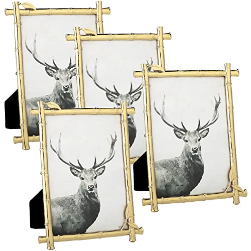 Chunful 4 Pieces 5 x 7 Inch Gold Metal Picture Frames Bamboo Design Metal Frame Vintage Gold Frame Photo with Soft Velvet Backing for Desktop Decorations