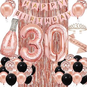 30th Birthday Decorations for Women Girl 30th Birthday Decorations for Her with Number 30 Balloons, Happy Birthday Banner, Bachdrop, Chreers Rose Gold Crown, 30 Sash for Women Birthday Supplies