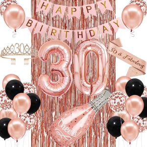 30th birthday decorations for women girl 30th birthday decorations for her with number 30 balloons, happy birthday banner, bachdrop, chreers rose gold crown, 30 sash for women birthday supplies