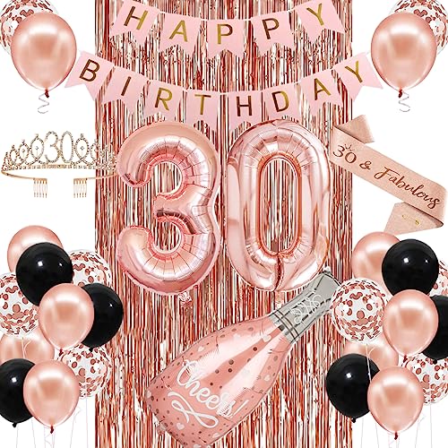 30th Birthday Decorations for Women Girl 30th Birthday Decorations for Her with Number 30 Balloons, Happy Birthday Banner, Bachdrop, Chreers Rose Gold Crown, 30 Sash for Women Birthday Supplies