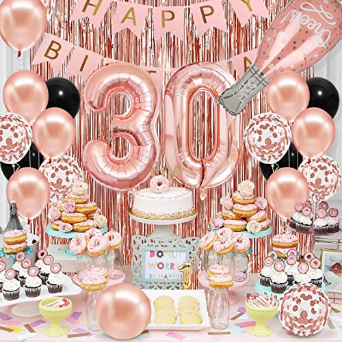 30th Birthday Decorations for Women Girl 30th Birthday Decorations for Her with Number 30 Balloons, Happy Birthday Banner, Bachdrop, Chreers Rose Gold Crown, 30 Sash for Women Birthday Supplies