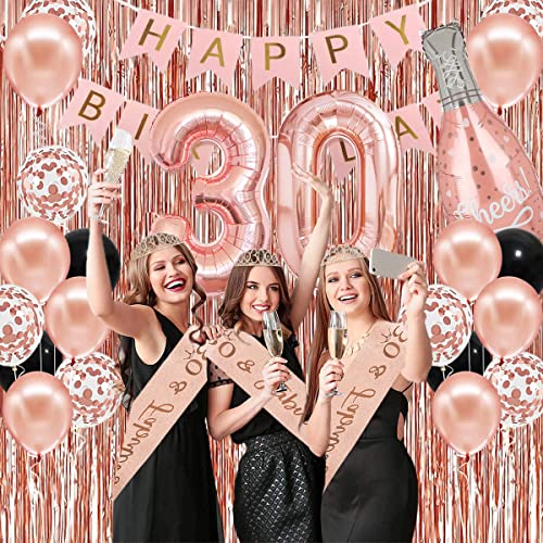 30th Birthday Decorations for Women Girl 30th Birthday Decorations for Her with Number 30 Balloons, Happy Birthday Banner, Bachdrop, Chreers Rose Gold Crown, 30 Sash for Women Birthday Supplies