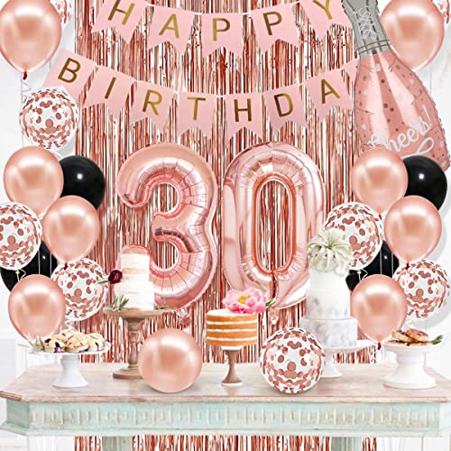 30th Birthday Decorations for Women Girl 30th Birthday Decorations for Her with Number 30 Balloons, Happy Birthday Banner, Bachdrop, Chreers Rose Gold Crown, 30 Sash for Women Birthday Supplies