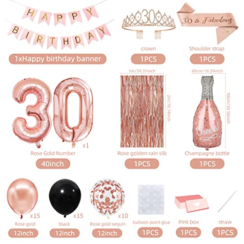 30th Birthday Decorations for Women Girl 30th Birthday Decorations for Her with Number 30 Balloons, Happy Birthday Banner, Bachdrop, Chreers Rose Gold Crown, 30 Sash for Women Birthday Supplies