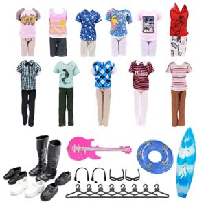 33 pcs doll clothes and accessories for ken doll including 5 tops 5 pants casual wear in random 4 pair of shoes hangers glasses earphone guitar surfboard swimming ring for 12 inch boy doll