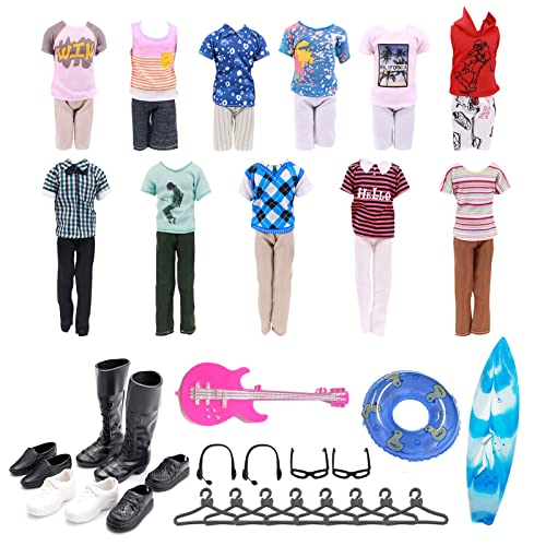 33 PCS Doll Clothes and Accessories for Ken Doll Including 5 Tops 5 Pants Casual Wear in Random 4 Pair of Shoes Hangers Glasses Earphone Guitar Surfboard Swimming Ring for 12 Inch Boy Doll