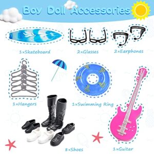 33 PCS Doll Clothes and Accessories for Ken Doll Including 5 Tops 5 Pants Casual Wear in Random 4 Pair of Shoes Hangers Glasses Earphone Guitar Surfboard Swimming Ring for 12 Inch Boy Doll