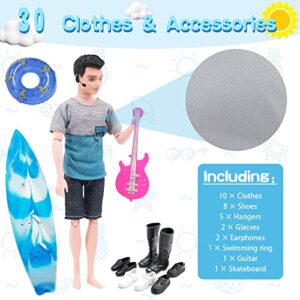 33 PCS Doll Clothes and Accessories for Ken Doll Including 5 Tops 5 Pants Casual Wear in Random 4 Pair of Shoes Hangers Glasses Earphone Guitar Surfboard Swimming Ring for 12 Inch Boy Doll