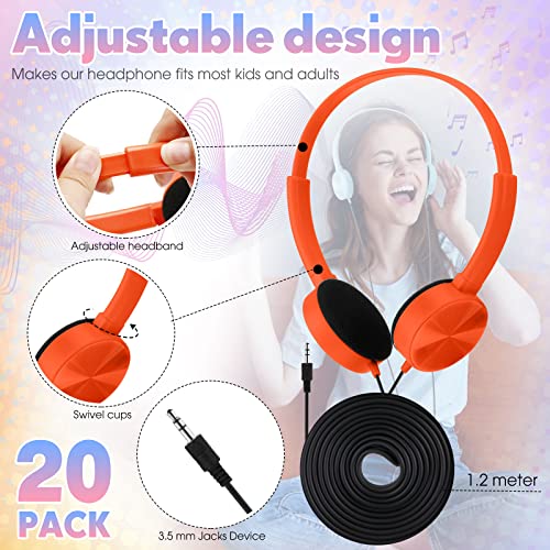 Hoteam 20 Pack Bulk Headphones for School, Classroom Headphones on Ear Multi Color Over The Head Headphones for School, Library, Computers, Students, Children and Adult, 3.5 mm Jack