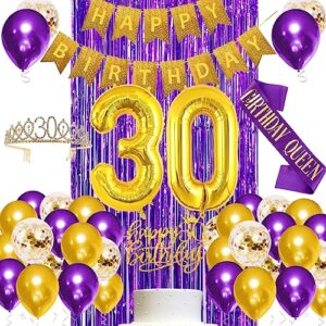 30th birthday decoration for women purple gold 30th birthday party decorations for her, happy birthday banner, crown, sash,chrome gold numer 30 balloon, purple gold birthday party supplies for women
