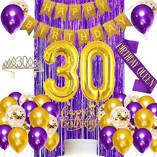 30th Birthday Decoration for Women Purple Gold 30th Birthday Party Decorations for Her, Happy Birthday Banner, Crown, Sash,Chrome Gold Numer 30 Balloon, Purple Gold Birthday Party Supplies for Women