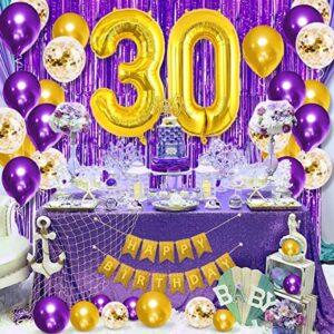 30th Birthday Decoration for Women Purple Gold 30th Birthday Party Decorations for Her, Happy Birthday Banner, Crown, Sash,Chrome Gold Numer 30 Balloon, Purple Gold Birthday Party Supplies for Women