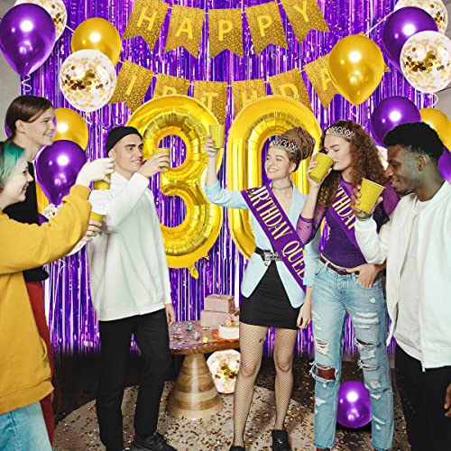 30th Birthday Decoration for Women Purple Gold 30th Birthday Party Decorations for Her, Happy Birthday Banner, Crown, Sash,Chrome Gold Numer 30 Balloon, Purple Gold Birthday Party Supplies for Women