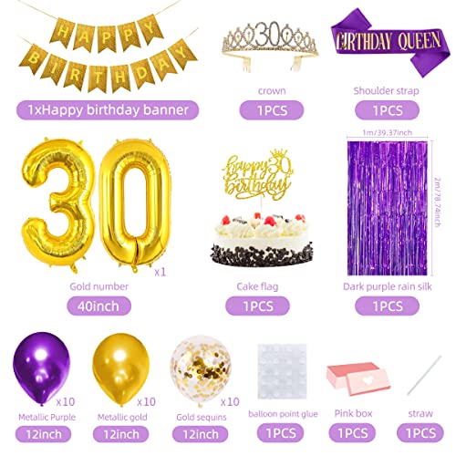 30th Birthday Decoration for Women Purple Gold 30th Birthday Party Decorations for Her, Happy Birthday Banner, Crown, Sash,Chrome Gold Numer 30 Balloon, Purple Gold Birthday Party Supplies for Women