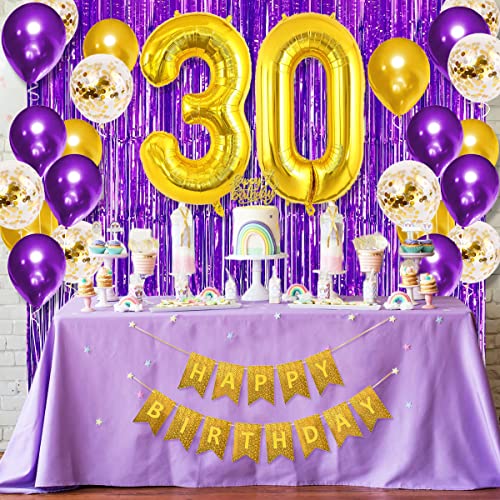 30th Birthday Decoration for Women Purple Gold 30th Birthday Party Decorations for Her, Happy Birthday Banner, Crown, Sash,Chrome Gold Numer 30 Balloon, Purple Gold Birthday Party Supplies for Women