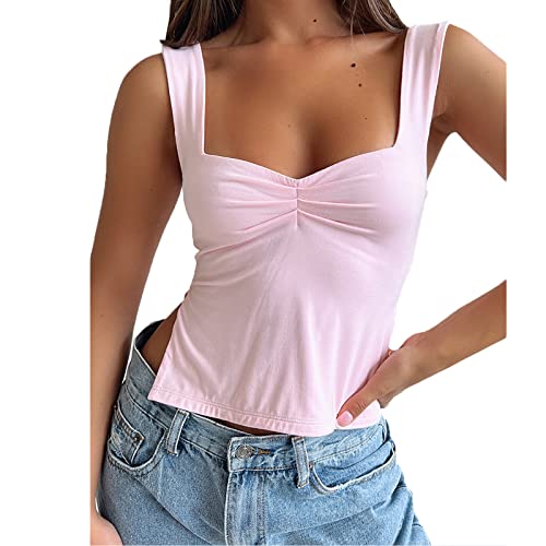 Womens Sleeveless Strappy Tank Top Sexy Side Split Sweetheart Neck Going Out Crop Tops Y2k Basic Cami Shirt (as1, Alpha, s, Regular, Regular, Pink)