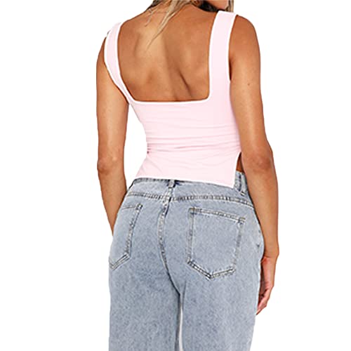 Womens Sleeveless Strappy Tank Top Sexy Side Split Sweetheart Neck Going Out Crop Tops Y2k Basic Cami Shirt (as1, Alpha, s, Regular, Regular, Pink)