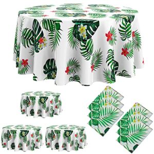 oudain 3 pieces hawaiian tablecloth 84 inch luau tropical flower round table cloth plastic disposable palm summer table cover for beach birthday kid party decorations supplies (fresh style)