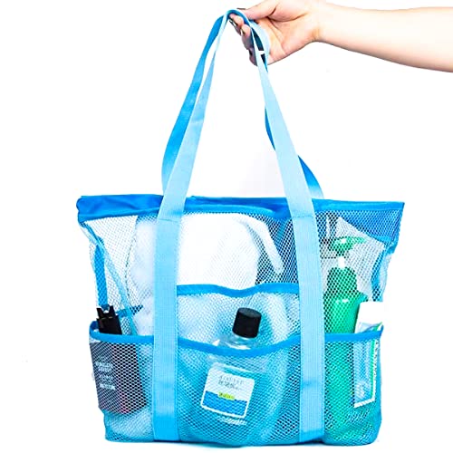 ZB.soar Mesh Beach Bags,9 Pockets Beach Bag, Large Beach Tote Swim Bags Pool Bag with Pockets (Sky Blue)