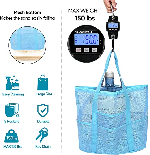 ZB.soar Mesh Beach Bags,9 Pockets Beach Bag, Large Beach Tote Swim Bags Pool Bag with Pockets (Sky Blue)