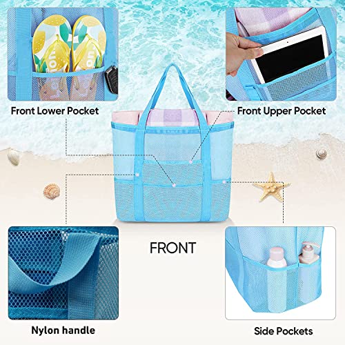 ZB.soar Mesh Beach Bags,9 Pockets Beach Bag, Large Beach Tote Swim Bags Pool Bag with Pockets (Sky Blue)