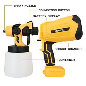 IRONFIST Cordless Paint Sprayer, for DEWALT 20V Battery Brushless HVLP Electric Paint Gun with 1000ML Container, 3 Patterns, 4 Size Nozzles (Battery NOT Included) Yellow