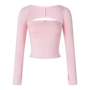 women y2k square neck t-shirt long sleeve lace trim crop top slim fit stretchy blouse top aesthetic clothes(square 2pcs pink,medium)