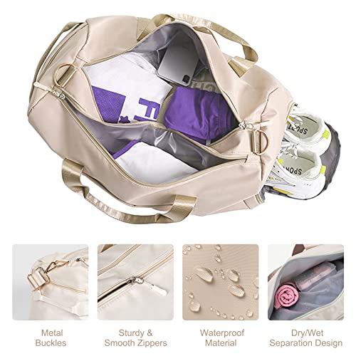 Small Gym Bag for Women and Men, Sports Duffel Bags for Dance and Swimming, Weekender Overnight Bag with Shoes and Wet Clothes Compartment (Beige)