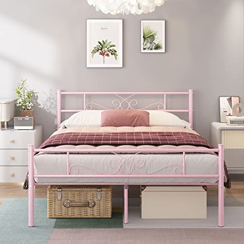 Weehom Full Size Bed Frame with Headboard and Footboard Under Bed Storage Steel Slat Support Metal Bed No Box Spring Needed Easy to Assembly,Pink