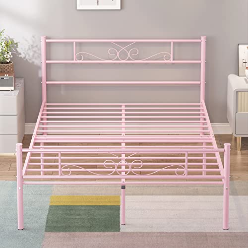 Weehom Full Size Bed Frame with Headboard and Footboard Under Bed Storage Steel Slat Support Metal Bed No Box Spring Needed Easy to Assembly,Pink