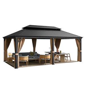 flamaker hardtop gazebo aluminum frame outdoor gazebo with privacy curtains and gauze mesh sunshade pavilion double roof canopy for patio, lawn, deck, poolside (aluminum roof, 12' x 20')