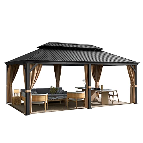 Flamaker Hardtop Gazebo Aluminum Frame Outdoor Gazebo with Privacy Curtains and Gauze Mesh Sunshade Pavilion Double Roof Canopy for Patio, Lawn, Deck, Poolside (Aluminum Roof, 12' x 20')