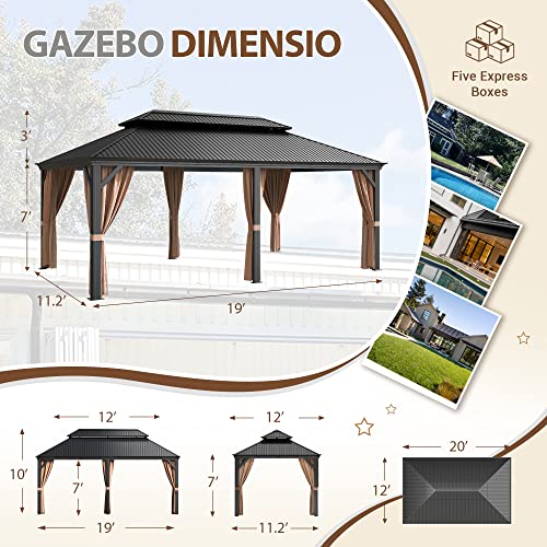 Flamaker Hardtop Gazebo Aluminum Frame Outdoor Gazebo with Privacy Curtains and Gauze Mesh Sunshade Pavilion Double Roof Canopy for Patio, Lawn, Deck, Poolside (Aluminum Roof, 12' x 20')