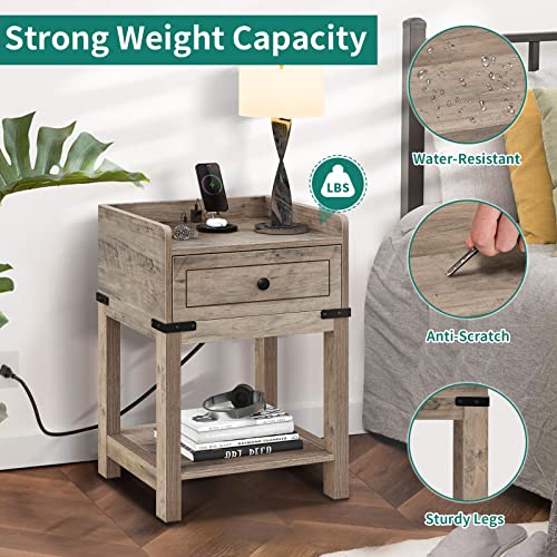 YITAHOME Farmhouse End Table with Charging Station, End Side Table with Drawer for Small Space, Bedside Table with USB Ports and Outlets, for Living Room, Set of 2