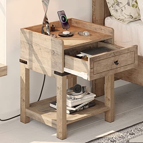 YITAHOME Farmhouse End Table with Charging Station, End Side Table with Drawer for Small Space, Bedside Table with USB Ports and Outlets, for Living Room, Set of 2