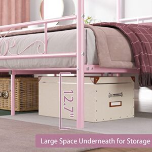 Weehom Metal Canopy Platform Bed Frame with 4 Posters and Headboard Under Bed Storage No Box Spring Needed for Adults Girls Bedroom Decoration Full Size Bed, Pink