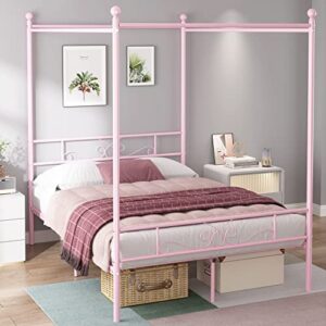 Weehom Metal Canopy Platform Bed Frame with 4 Posters and Headboard Under Bed Storage No Box Spring Needed for Adults Girls Bedroom Decoration Full Size Bed, Pink