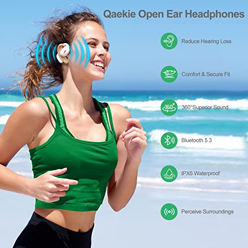 Qaekie Open Ear Headphones - Bluetooth 5.3 Wireless Headphones with 60H Playtime, True Wireless Open Ear Earbuds with Immersive Premium Sound, HD Mic Waterproof Sport Headphones for Running & Workouts