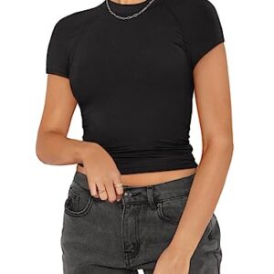 REORIA Women's Summer Casual Basic Mock Neck Short Sleeve Double Lined Going Out Trendy Y2K T Shirts Crop Tops Black X-Large