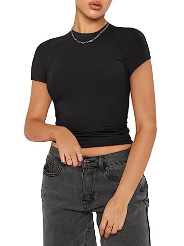 REORIA Women's Summer Casual Basic Mock Neck Short Sleeve Double Lined Going Out Trendy Y2K T Shirts Crop Tops Black X-Large